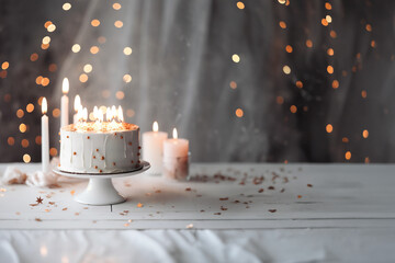 White and gold birthday cake with candles on the dark background, rustic style. Generative AI
