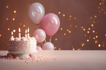 White girl's birthday cake with candles on the pink background with balloons. Generative AI