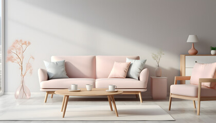 Scandinavian style interior with sofa and coffe table. Empty minimalist interior with pink pastel 
colors 