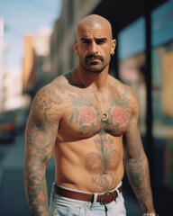 Generative ai muscular hispanic man with tattoo posing outdoors city streets