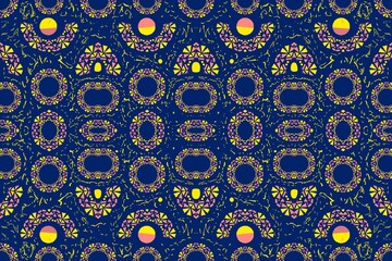 Abstract pattern background with repeated various botanical details, circular shape, random lines, geometric design, for decoration, home decor, wrapping paper, fabric.