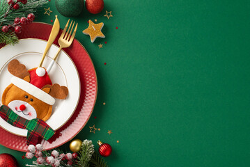 Lively Christmas dinner table idea. Top view of dishes, whimsical cutlery bag, ornaments, star candle, confetti, frosty pine twigs, holly berries on a green backdrop, space for text or advertising