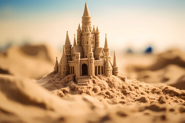Intricate closeup details of a meticulously crafted sandcastle on the beach come to life, revealing the delicate grains of sand intricately arranged to form a miniature architectural marvel - obrazy, fototapety, plakaty