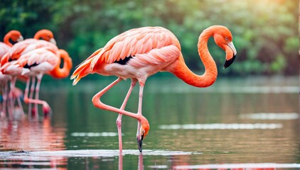 Exotic pink flamingo bird closeup standing full height on blurred background.