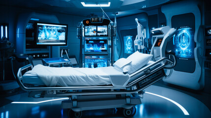 Concept of a Futuristic hospital bed with artificial intelligence that shows all the patient's readings on holographic screens