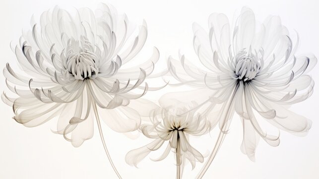 an x-ray art image of transparent chrysanthemums on white background. Beautiful blooming flowers. Illustration for cover, card, postcard, interior design, packaging, invitations or print