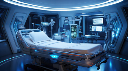 Concept of a Futuristic hospital bed with artificial intelligence that shows all the patient's readings on holographic screens