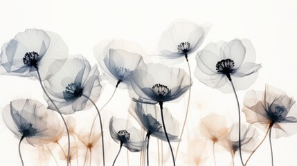 an x-ray art image of transparent poppies or anemones on white background. Beautiful blooming flowers. Illustration for cover, card, postcard, interior design, packaging, invitations or print
