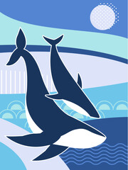 Ocean day poster. Two whales wall art poster. Save underwater marine life concept. Vector nautical banner. Great whale mother and baby.