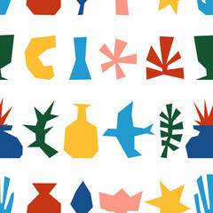 Seamless pattern with geometric colorful elements. Isolated trendy collage style abstract nature forms. Plant, vase, cactus, pot, flower, leaf, bird. Wallpaper, wrapping paper, textile design.