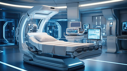 Concept of a Futuristic hospital bed with artificial intelligence that shows all the patient's readings on holographic screens