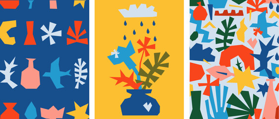 Modern abstract natural floral poster set. Geometric colorful nature elements. Trendy collage style abstract organic forms vertical banners. Plant, vase, cactus, pot, flower, leaf, bird.