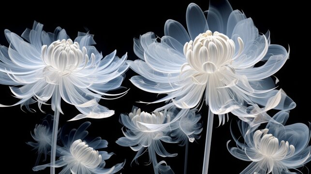 an x-ray art image of transparent chrysanthemums on black background. Beautiful blooming flowers. Illustration for cover, card, postcard, interior design, packaging, invitations or print