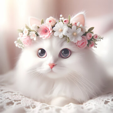 A charming image of a white, cute cat adorned with small pink and white flowers on its head. The cat, with fluffy white fur and captivating eyes, look