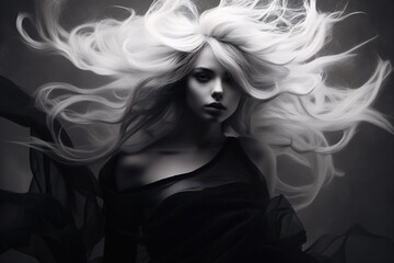 Ice queen with turbulent long winter white hair in the mist of cold foggy smoke, bold dramatic female portrait, artistic dark shadows and contrast, alternative beauty model.