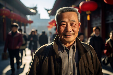 Obraz premium Generative ai senior asiatic man strolling peacefully outdors city street