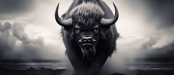 Bison beast roaming the prairie fields, shrouded in dusty fog, dangerous animal creature, mythical, huge and menacing horns, angry ready to charge and attack - black and white color. - obrazy, fototapety, plakaty
