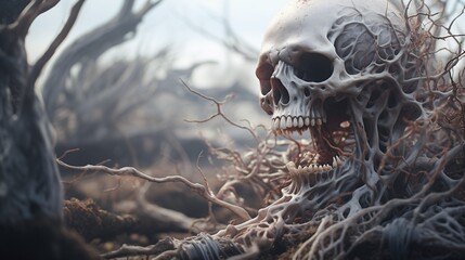 Human skeleton skull devoured by carnivorous haunted forest tree roots, brutal slow death, bone remnants, fantasy dark art.  - obrazy, fototapety, plakaty