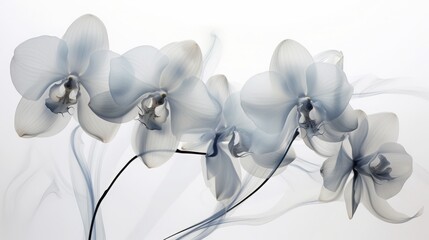an x-ray art image of transparent orchids on white background. Beautiful blooming flowers. Illustration for cover, card, postcard, interior design, packaging, invitations or print