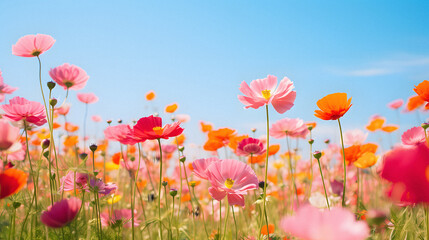 Obraz premium Vibrant Flower Field Under a Clear Blue Sky, Captured with a Macro Lens to Emphasize the Intricate Petals, Enhanced with Warm and Soft Tones for a Delicate and Dreamy Vibe
