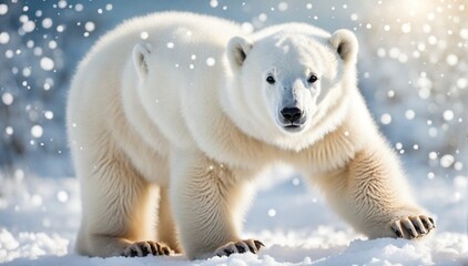 Baby polar bear on blurred snow background. - obrazy, fototapety, plakaty
