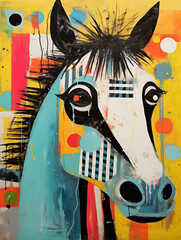 Collage of a horse, childlike and colourful 
