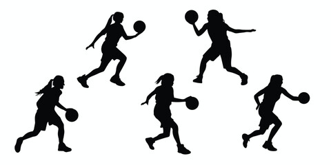 Set of woman basketball players. Basketball player silhouettes set. Vector illustration