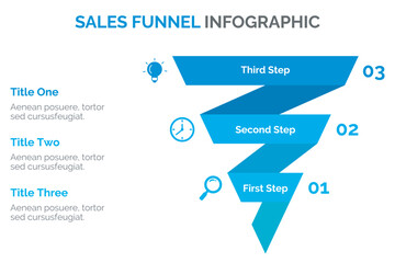 Sales Funnel template with three colorful steps. Creative diagram divided into three steps with minimalistic icons.