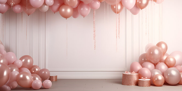 First birthday concept. Birthday decorations. Bouquet of flowers and balloons with a crown ,Pink gold and rose gold balloon decorations for a birthday celebration generative ai
