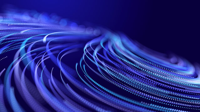 Abstract glitter particles in dark space. Network data transfer concept. 3D rendering.