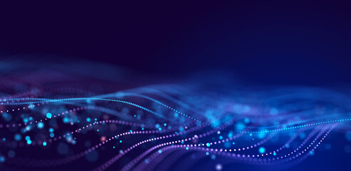 Abstract bright wave of glowing particles. The flow of musical sounds. Big data visualization. 3d rendering.