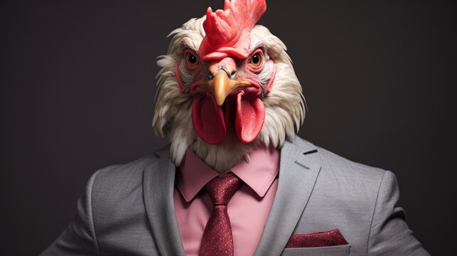  a rooster in a suit with a red tie and a red rooster's head in the center of the image.  generative ai