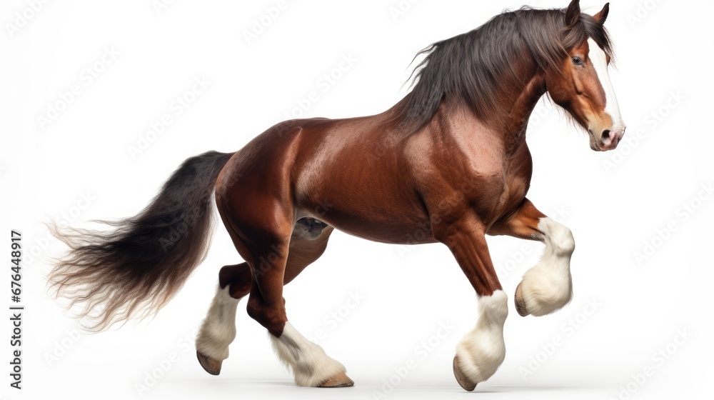 Poster a brown and white horse is galloping on its hind legs and it's tail is in the air. generative ai