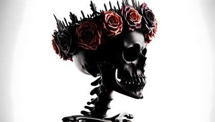 A skull wearing a flower crown, set against a white background.