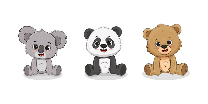 teddy bear cartoon set. Cute koala, panda cub, brown bear sitting. Animals isolated on white backgrtound. Vector illustration