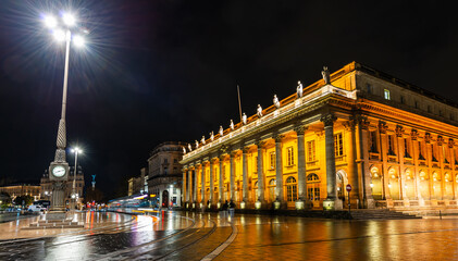 November 12, 2019: The Grand Théâtre de Bordeaux at night, in Gironde, in Nouvelle-Aquitaine,...