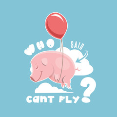 Vector pig flying with a balloon illustration