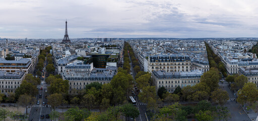 Panorama of Paris with the Eiffel tower, from the top of the Arc de Triomphe
