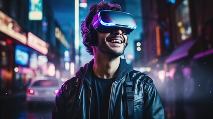 Young man wearing a VR headset is amazed by the surreal world and virtual reality
