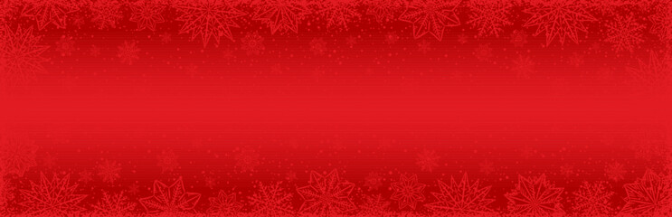 Red Christmas banner with snowflakes and stars. Merry Christmas and Happy New Year greeting banner. Horizontal new year background, headers, posters, cards, website. Vector illustration