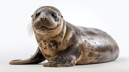  a close up of a seal sitting on a white surface with it's head turned to the side and it's eyes wide open.  generative ai