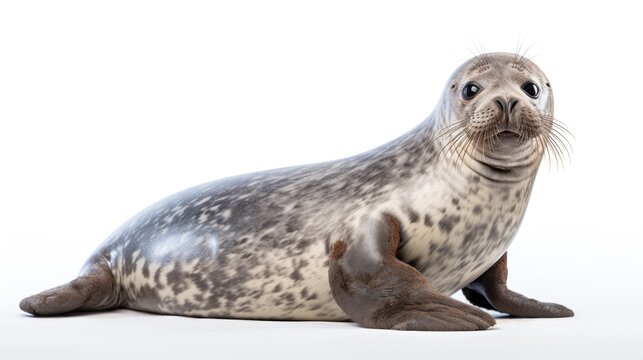  a grey seal sitting on top of a white floor next to a bottle of water on top of a table.  generative ai