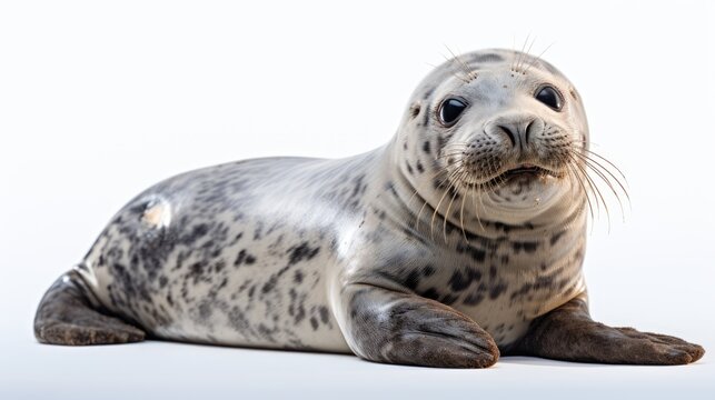  a grey seal sitting on top of a white floor next to a white wall and looking at the camera with a sad look on its face.  generative ai