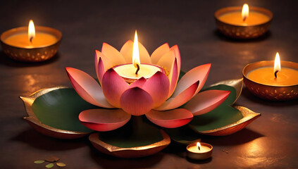 Burning diwali diya and lotus flower and burning candle