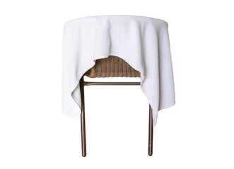 Used white towel laying on chair isolated on white background with clipping path in png file format.