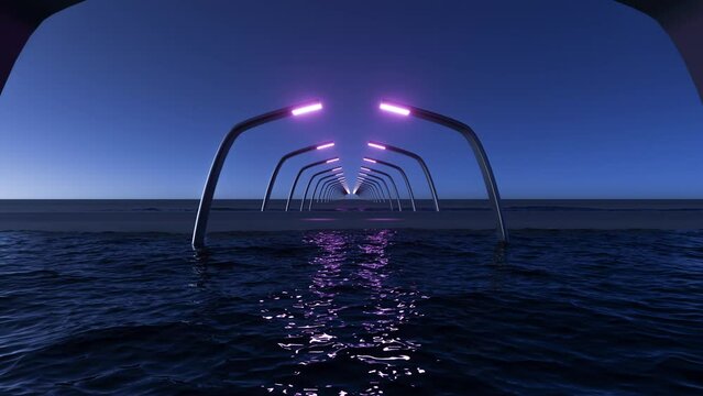 Seascape with sky sea and lampposts in video animation footage