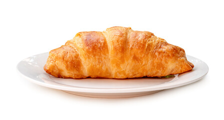 Side view of croissant on white plate isolated on white background with clipping path and shadow in png file format