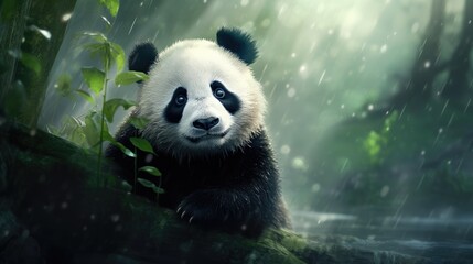 Obraz premium Cute panda in the forest during rain