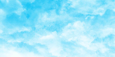 Fototapeta na wymiar soft and lovely sky blue watercolor background with clouds, Sky clouds with brush painted blue watercolor texture, small and large clouds alternating and moving slowly on cloudy winter morning sky.