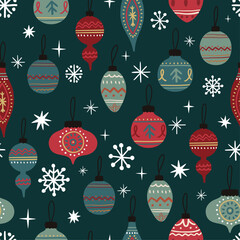 Seamless pattern with beautiful Christmas tree toys in flat style. Can be used for cards, posters, printing on fabric, paper, etc.